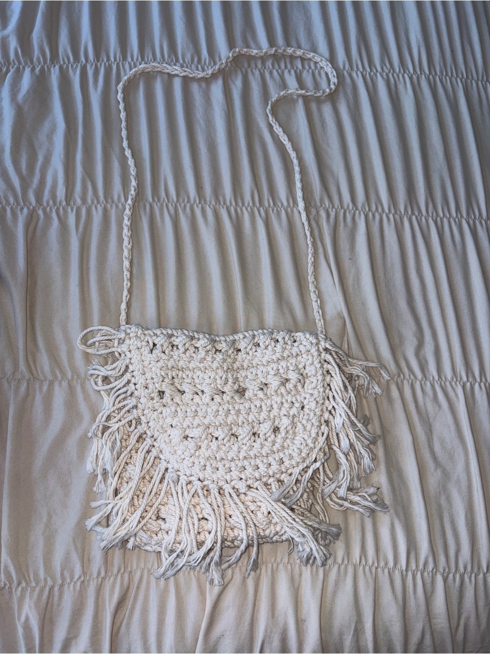 Handcrafted Cream Crochet Fringe Crossbody Bag
